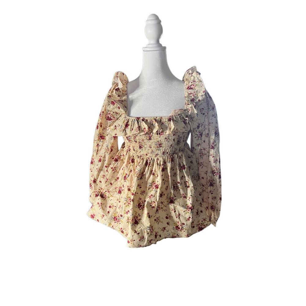 Hyacinth House Women's Cream & Red Floral Squareneck Smocked Blouse Size XS NWT